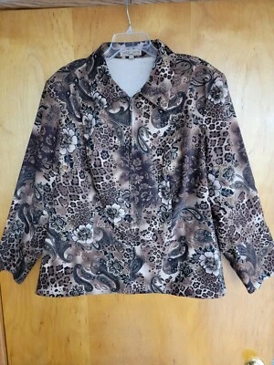 NOTACIONES Chaqueta Blazer Mujer 3X Marrón Floral Cachemira Cremallera Completa Talla Grande ~BONITO Foto 1 de 4