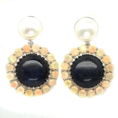 12 mm. Pendientes de labradorita, perlas y ópalo gris arco iris azul plata de ley 925 Foto 1 de 4