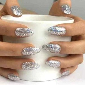 24pcs SILVER Press on Nails Medium + nail file + Gel tabs + bottle nail glue - Picture 1 of 3