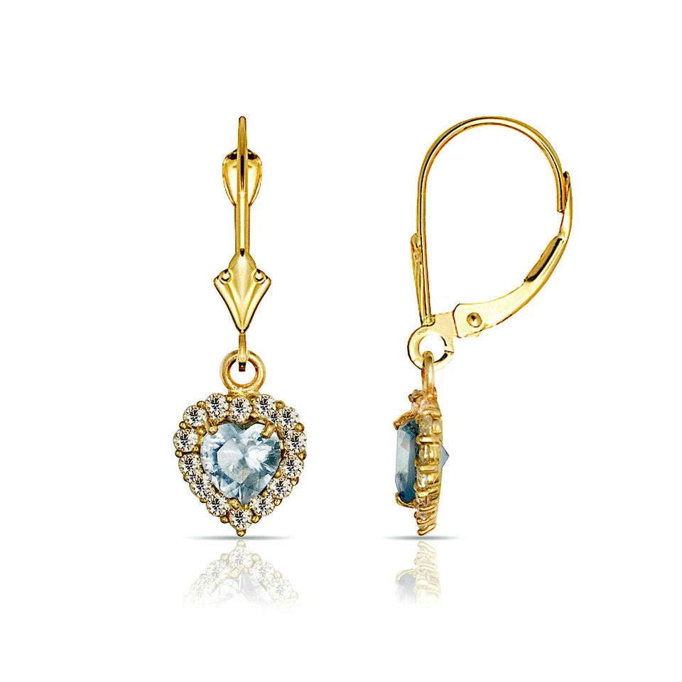 14K Yellow Gold White Sapphire Halo Aquamarine Heart Dangle Lever Back Earrings - Image 1 of 1