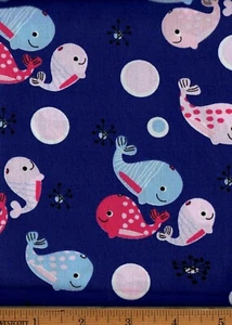 Tela de círculos de puntos de ballena algodón por yarda 59" de ancho azul rosa blanco #FA60 - Imagen 1 de 1