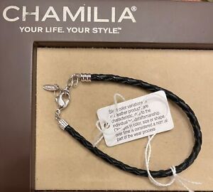 Chamilia Sterling Silver Braided Leather Bracelet Black #1030-0109 NWT 7.1 inch