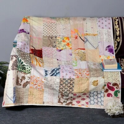 Indian Vintage Silk Handmade Patchwork Kantha Quilt Bedspread Blanket Throw - Image 1 of 2