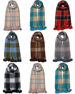 Women Cashmere Blend Check Pattern Winter Pompom Neck Scarf Shawl Pashmina 6552 - Picture 1 of 10