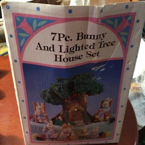Vintage 7 Piece Bunny And Lighted Tree House Set With Original Box Missing 2 - Picture 1 of 3