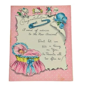 Nueva tarjeta de bebé niña American Greetings rosa bebé en moisés años 50 usada - Imagen 1 de 4