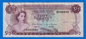 Bahamas $1/2 50 Cents 1968 P-26a Circulated Note - QE II  D069890 - Picture 1 of 4