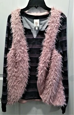 NWT Self Esteem Pink Shaggy Fur Vest, Olive Green Striped T-Shirt, Jr. Girl Med - Image 1 of 4