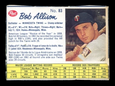 1962 POST CEREAL CANADIAN BASEBALL #83 Bob Allison EX Minnesota Twins card - Image 1 of 2