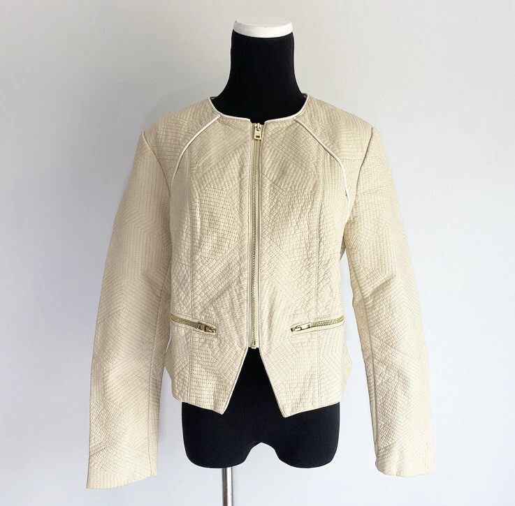 Chaqueta Moto Marc NY by Andrew Marc Beige Cuero Piedra, Mujer Talla M Foto 1 de 4