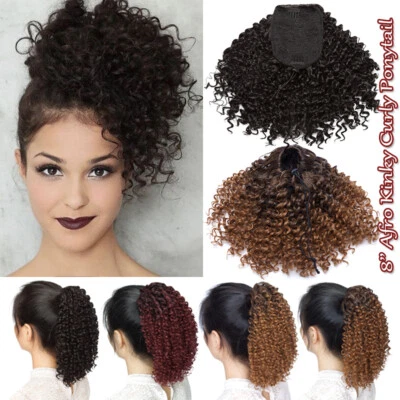 Real Clip in Puff Kinky Curly Ponytail Short Wave Bun Hair Extensions Scrunchie - Image 1 of 4