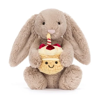 MARKENLOS BRAND NEW JellyCat Bashful Bunny with Birthday Cake Soft Plushie Beige