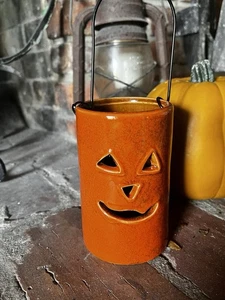 "Candelabro votivo calabaza Jack O de cerámica naranja Halloween con mango 5""" - Imagen 1 de 7