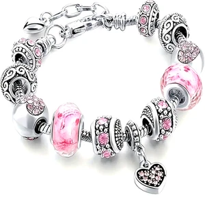 925 Silber vergoldet Flex Schlangenarmband + Murano Perle European Rosa Herz Charms - Bild 1 von 2