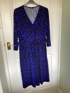 Knee length blouson style dress in electric blue with black design polyester mat - Picture 1 of 1
