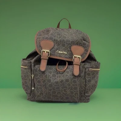Calvin Klein Brown CK Logo Faux Leather Backpack Purse - Image 1 of 4