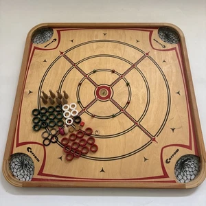Vintage doppelseitiges Carrom Spielbrett 28x28 70er Jahre Taschen mit Spielfiguren - Bild 1 von 15