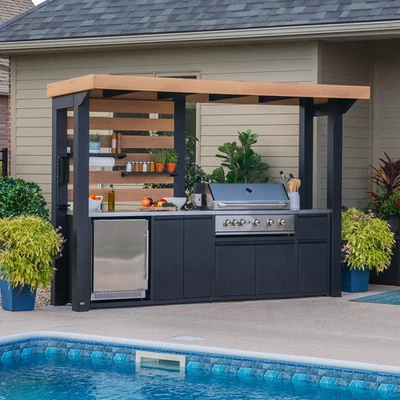 American Quality Outdoor Kitchen Flame Grill, Rotisserie Burner, Refrigerator - Image 1 of 4