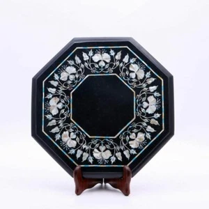 12" Black Marble Table Top Pietra Dura Floral Inlay Home Office Decor - Picture 1 of 3