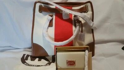 Michael Kors NS коричневый белый / красный холст кожи Hamilton сумочки + белый бумажник лот - Изображение 1 из 4