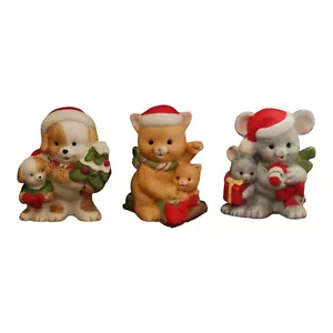 Vintage Homco Set 5180 3 Festive Christmas Ceramic Animal Figures & Babies 2.5" - Picture 1 of 8