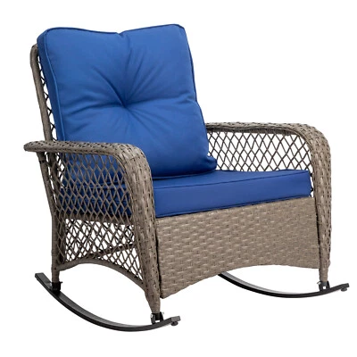 Rattan Rocking Chair Outdoor Patio Lounge Chair Garden Furniture w/Blue Cushion - Image 1 of 4