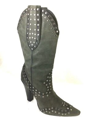 Bota Cole Haan Media Pantorrilla Cuero Gris Vaquero Occidental Tachonada Punta Punta 6 Foto 1 de 4