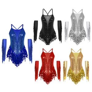 Womens Costume Ballroom Dress Metallic Dancewear Samba Leotard Gloves Sparkling - Picture 1 of 78