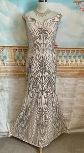 NEW Dress 12 Blush Silver Sequin Quiz Bardot Fishtail Ballgown Evening Stretch - Picture 1 of 9