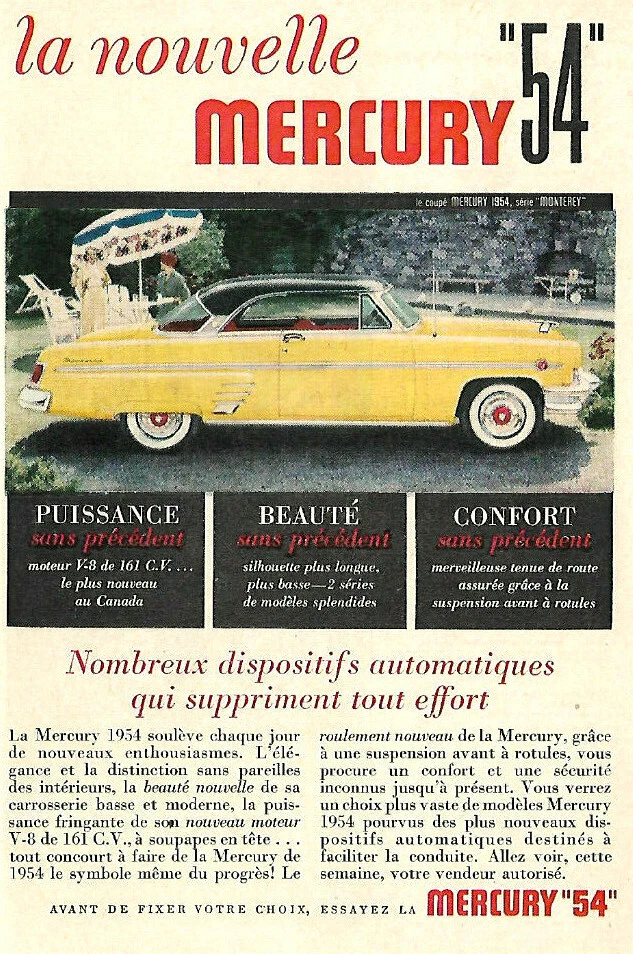 1954 MERCURY MONTEREY 2-DOOR YELLOW AUTOMOBILE ORIGINAL AD IN FRENCH - Image 1 of 1