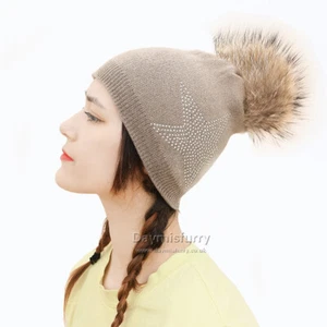 Cashmere Beanie Hat With Fur Pom Pom - Picture 1 of 6