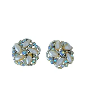 Vintage BSK Clip On Earrings Sparkly Gems Pearl Silver Metal - Picture 1 of 6