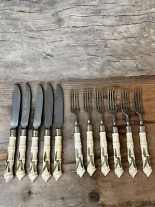 Antique rare porcelain handle utensil set: 5 knives; 6 forks - Picture 1 of 18