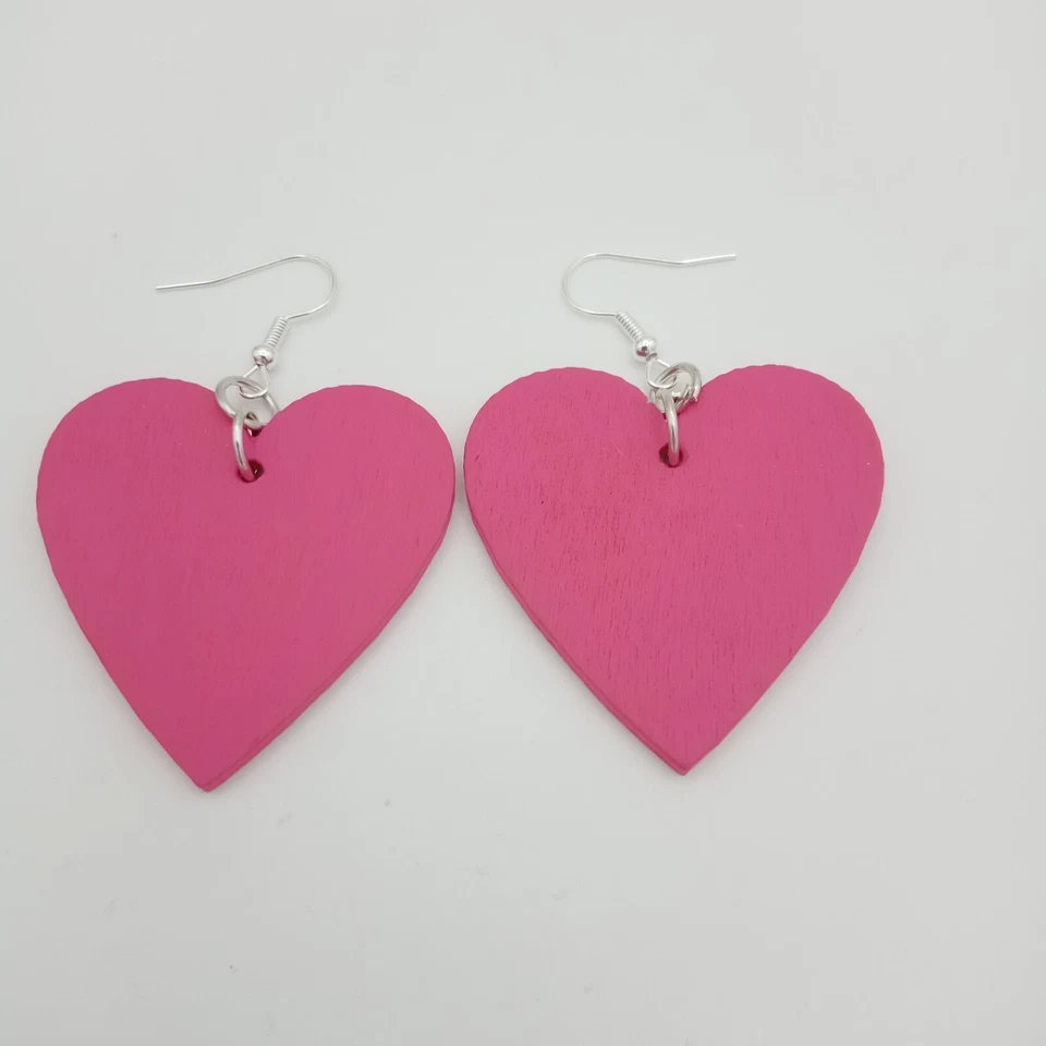 Big Heart Earrings  80s Love Bright pink lightweight Wood Large 5 cm wide boho - Image 1 of 4