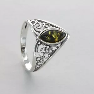 Oval Green BALTIC AMBER "Antique Look" Ring 925 STERLING SILVER Poland #18e - Picture 1 of 8