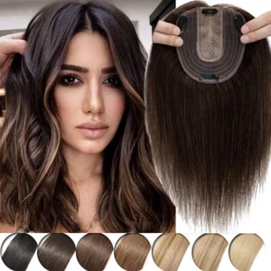 Brown 100% Remy Human Hair Topper Toupee Hairpiece/Wigs Clip In Silk Base 6"-18" - Picture 1 of 42