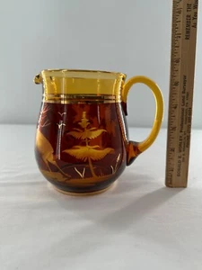 VTG Intaglio Stag Deer Art Glass Pitcher, Amber Etched w Forest Gold Trim 5 3/8" - Picture 1 of 7