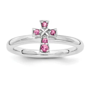 Lex & Lu Sterling Silver Stackable Exp. Rhodium Pink Tourmaline Cross Ring 8318 - Picture 1 of 3