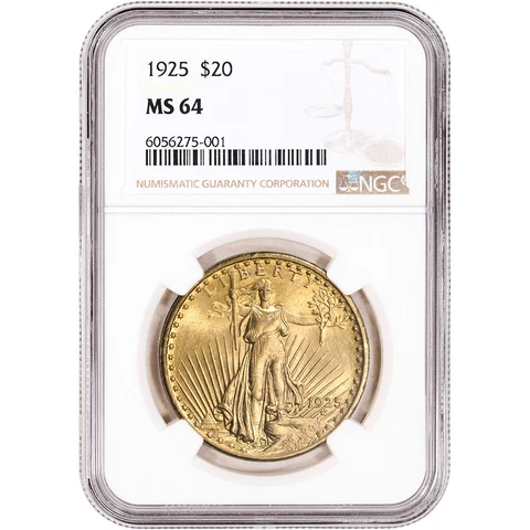 1925 US Gold $20 Saint-Gaudens Double Eagle - NGC MS64 Cover
