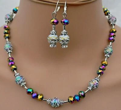 edel Schmuckset Halskette Collier Ohrringe Perlen Glas Strass multicolor  156a - Bild 1 von 4