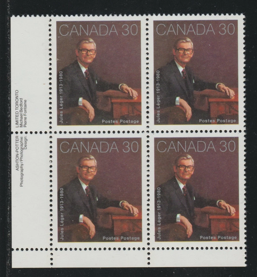 1982 Canada SC# 914 LL - Jules Leger - Plate Block M-NH Lot # 3056 - Image 1 of 1
