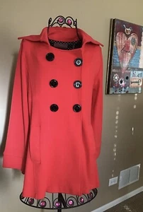 Red Fashion Coat Womens Size Small 525 America Black Buttons Cinched Back - Picture 1 of 5