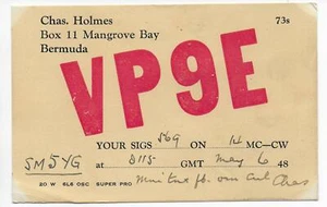 Radio QSL VP9E Manglar Bahía Bermudas Aficionado Aficionado 1948 con 20 vatios Holmes DX SWL - Imagen 1 de 1