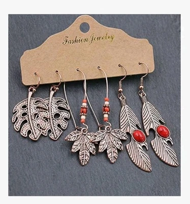 3 pares de aretes de mano Hamsa con hoja de arce Monstera étnicos de bronce Foto 1 de 2