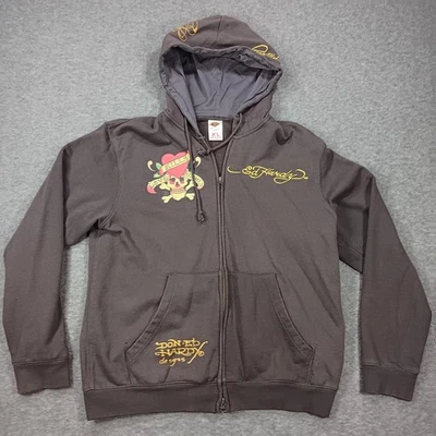 Ed Hardy Hoodie Mens XL Brown Full Zip Love Kills Slowly Rhinestone Made USA - Image 1 of 4