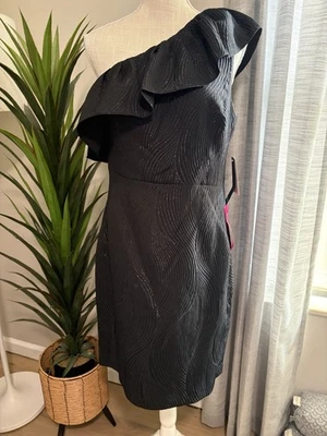 New Halston Classic Black One-Shoulder Shimmer Cocktail Dress Size 8 MSRP $199 - Image 1 of 4