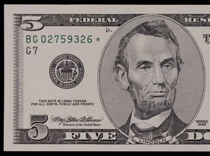 $5 1999 GEM CU Star Federal Reserve Note BG02759326* five dollar, Chicago BG7 - Picture 1 of 3