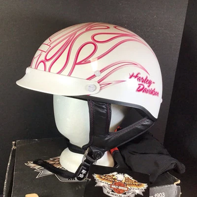 Harley Davidson Women's Half Helmet With Dust Bag White & Pink Flames Large - Image 1 of 4