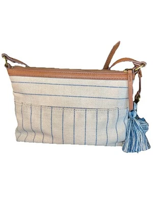"Bolso de mano Fossil correa para el hombro precioso azul blanco lino 10""x7""" Foto 1 de 4