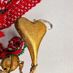 Christmas Gold Heart Ornament with Jingle Bells Ribbon Hanger - Picture 1 of 8